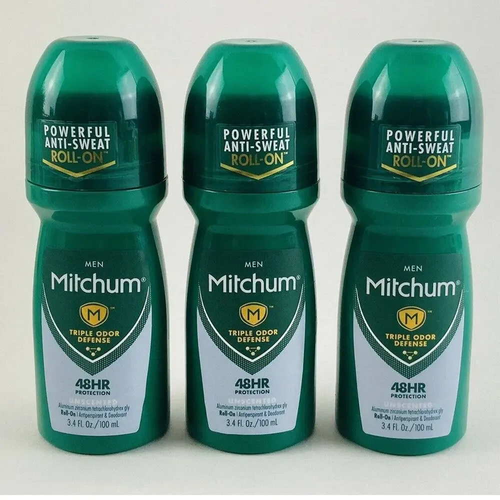 Mitchum Roll-On Antiperspirant and Deodorant for Men, Unscented, 3.4 (Pack of 3)